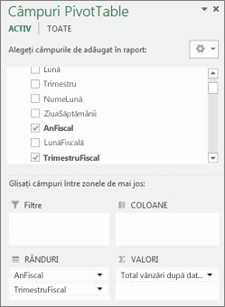 Listă de câmpuri PivotTable