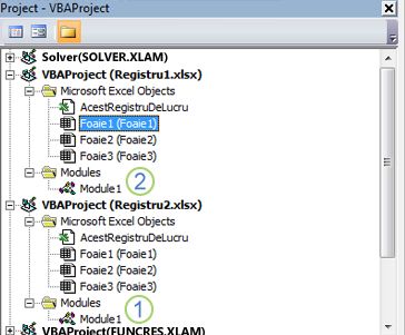 Panoul Explorator proiecte VBA afișând arborii de proiect pentru VBAProject Book1.xlsm și VBAProject Book2.xlsm. Numărul 1 marchează Modul1 sub folderul Module Book2.xlsm, iar numărul 2 marchează folderul Modules sub Book1.xlsm, indicând unde să glisați modulul pentru a-l copia.