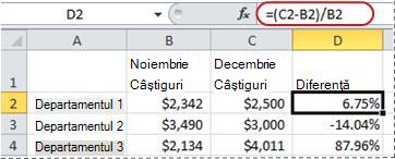 Exemplu de formulă pentru calculul unui procent
