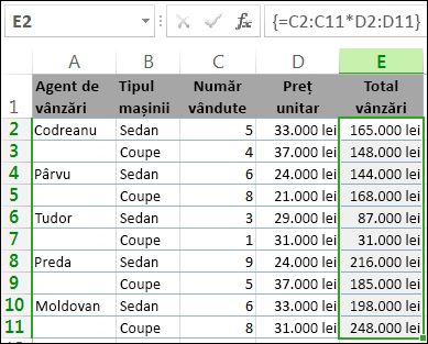 Totalurile din coloana E sunt calculate cu o formulă matrice