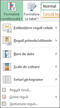 Meniul Formatare condiționată în care s-a evidențiat Gestionare reguli