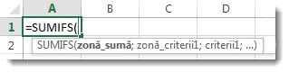 Utilizarea Completare automată formulă, pentru a introduce funcția SUMIFS