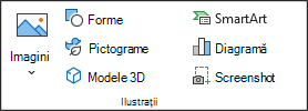 Captură de ecran care afișează grupul Ilustrații pe fila Inserare.