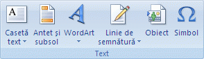 Captură de ecran care afișează grupul Text pe fila Inserare.