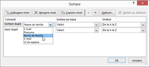 Sub Colană, faceți clic pe Sortare după, apoi alegeți o opțiune