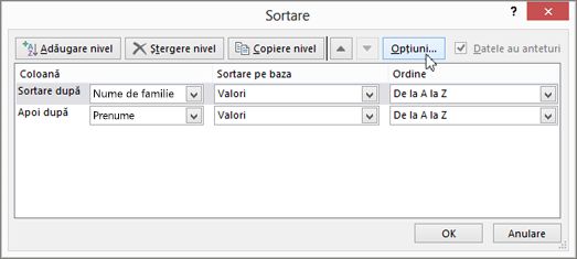 Faceți clic pe Sortare pentru a deschide caseta de dialog Sortare