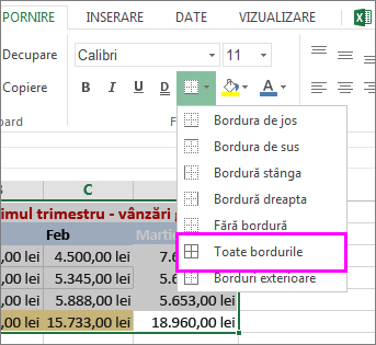 adăugarea unei borduri la un tabel sau la o zonă de date