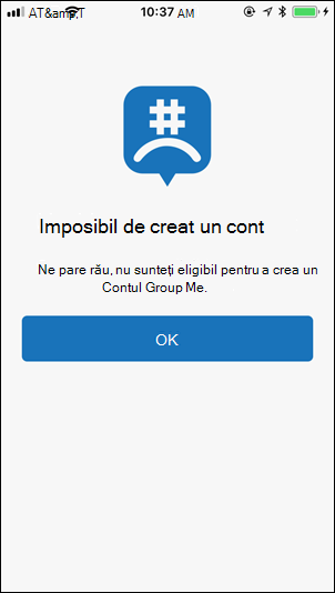 Ecranul Nu se poate crea un cont (zi de naștere) în GroupMe