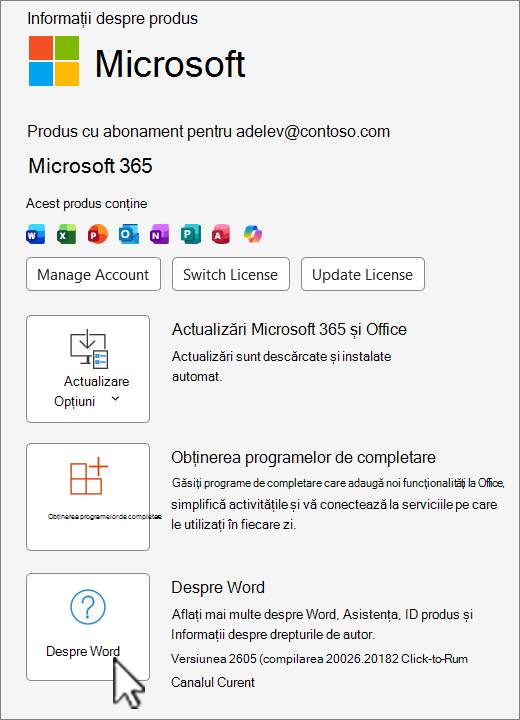Captură de ecran care afișează vizualizarea de versiune a Office 365.