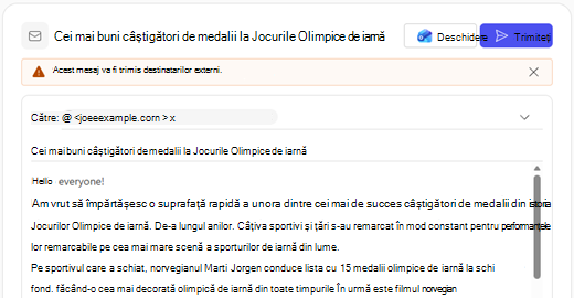 Formularul schiță de e-mail în Copilot Chat