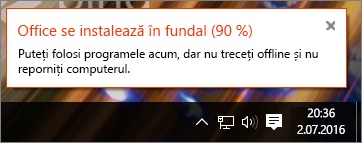 Casetă de dialog afișând instalarea Office blocată la 90 %