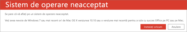 Eroarea Sistem de operare neacceptat indică faptul că nu puteți instala Office pe dispozitivul dvs