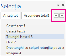 Panoul de selecție afișând toate formele, casetele text, obiectele WordArt și alte obiecte din document.