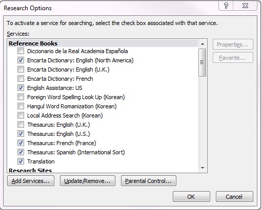 Screenshot of Research Options box