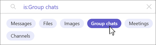 Captură de ecran a filelor de filtrare a căutării Teams.