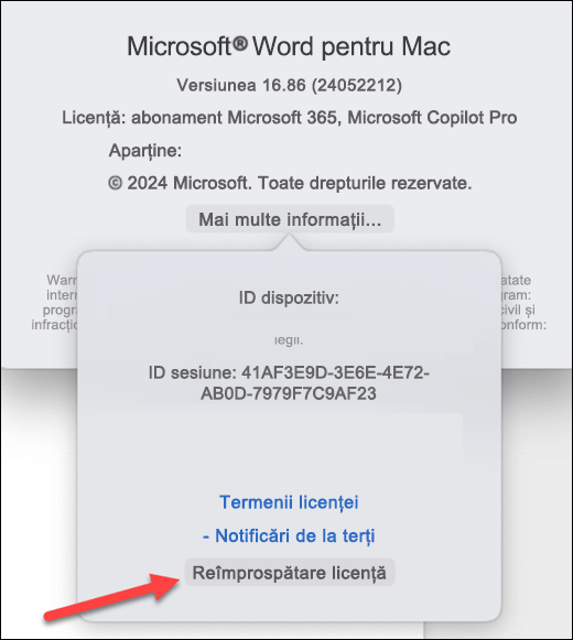 Găsirea butonului Actualizați licența în Microsoft Word pe MacOS.