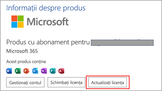 Găsirea butonului Actualizați licența în Microsoft Word în Windows.