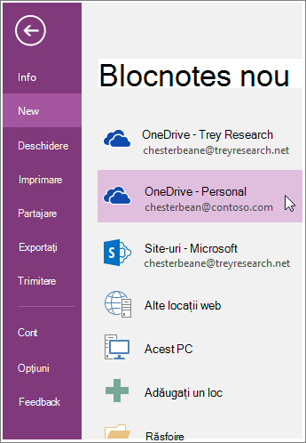 Captură de ecran despre crearea unui nou blocnotes OneNote.