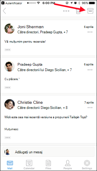 Puteți arhiva un mesaj atingând butonul Arhivă