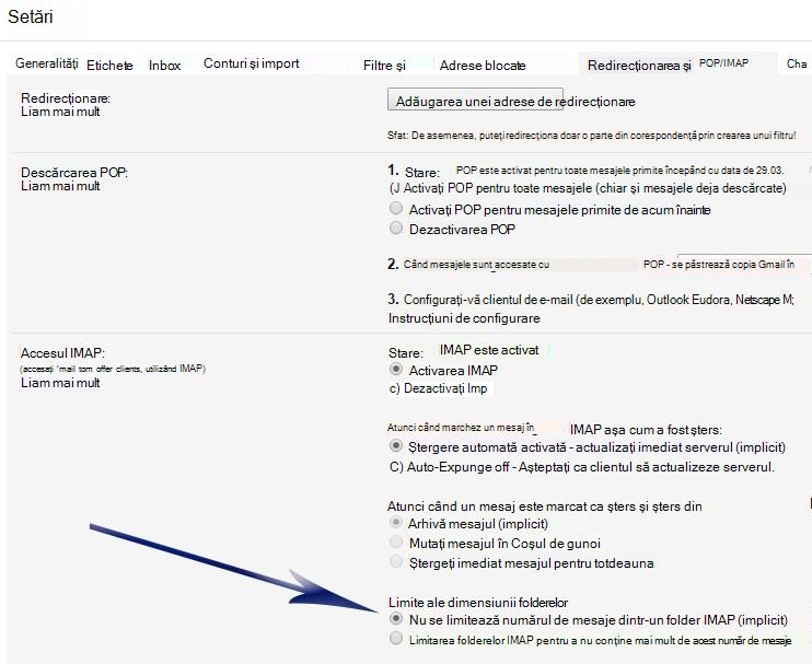 Afișează ecranul Setări. Sub secțiunea Acces IMAP, există o săgeată care indică spre prima opțiune de sub Limite dimensiune folder (Nu limitați numărul de mesaje...).