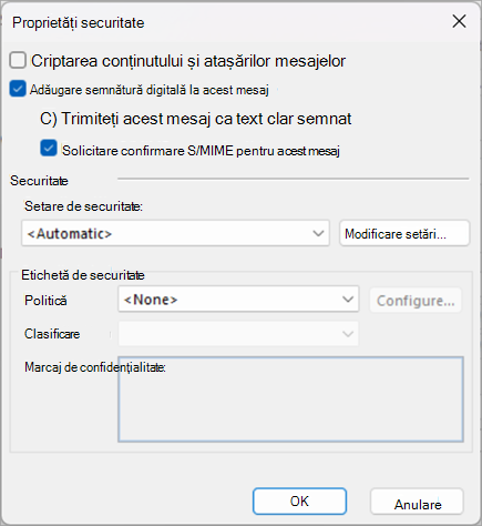 Bifați casetele de lângă Adăugați semnătura digitală la acest mesaj și Solicitați confirmare S/MIME pentru acest mesaj
