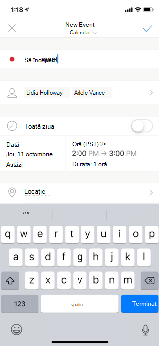 Afișează un mesaj de e-mail pe un ecran mobil. Invitații sunt listați, împreună cu ziua și ora întâlnirii. Există și o opțiune pentru locație.