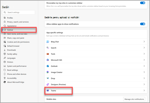 Setările pentru aplicații și notificări din pagina de setări din bara laterală Microsoft Edge.