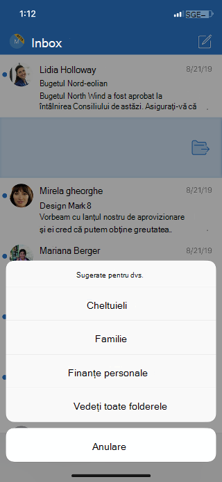 Afișează un inbox cu o listă de opțiuni pentru folder și o opțiune pentru a vedea toate folderele.