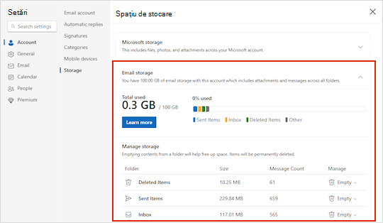 Meniul de stocare pentru Outlook.com.