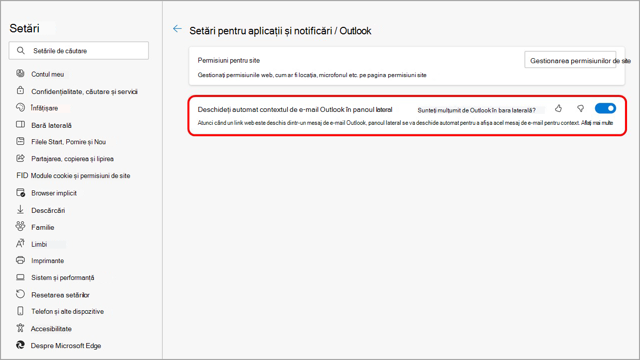 Dezactivați deschiderea de conținut Outlook în panoul lateral Microsoft Edge din setările barei laterale Microsoft Edge.