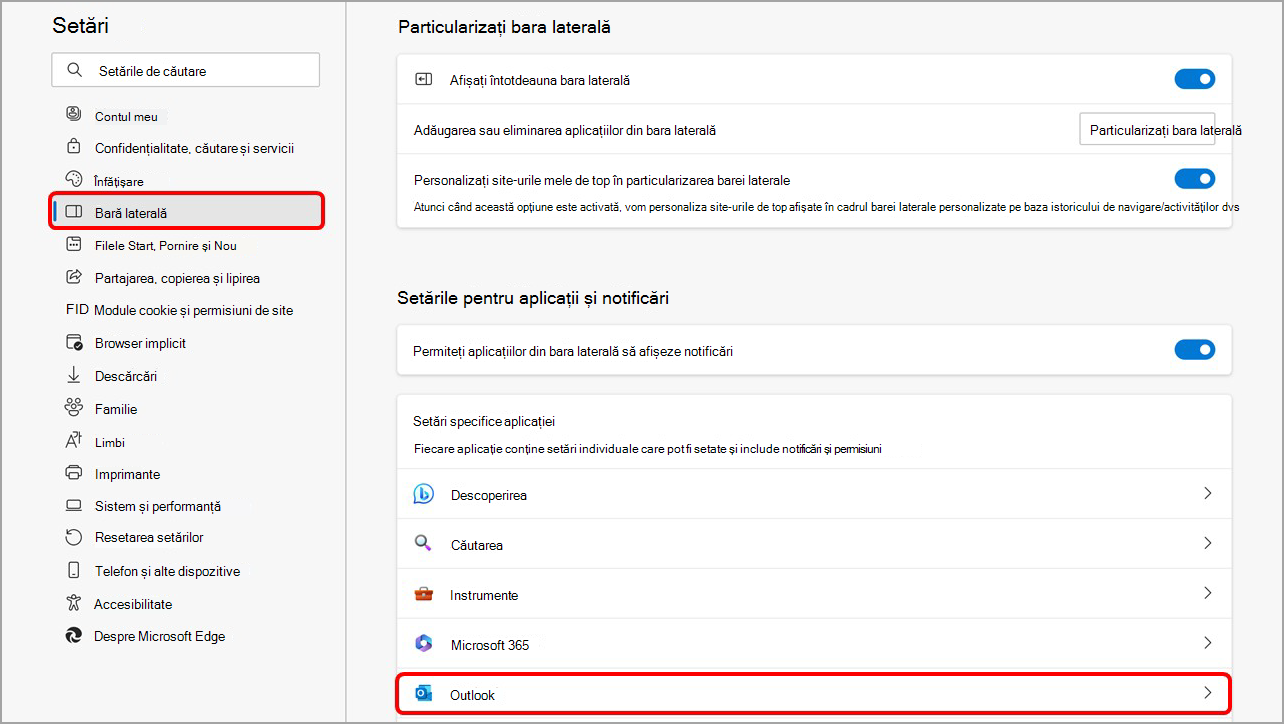 Particularizați bara laterală Microsoft Edge din pagina de setări pentru bara laterală.