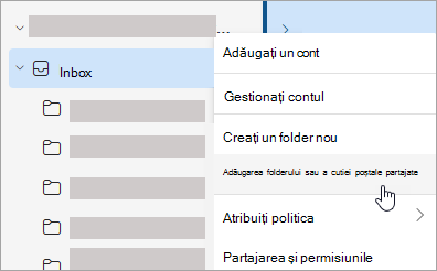Captură de ecran afișând selecția Adăugați folderul partajat sau cutia poștală