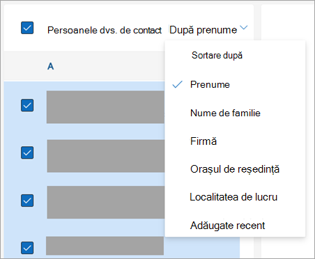 Captură de ecran cu opțiunile de sortare a persoanelor de contact