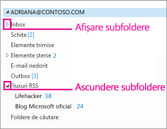 Afișarea și ascunderea subfolderelor