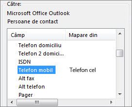 Tel. celular este mapat la câmpul Telefon mobil Outlook