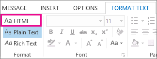 Opțiunea de format HTML din fila Formatare text dintr-un mesaj