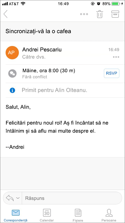 Captură de ecran cu ecranul dispozitivului mobil și un element de corespondență.