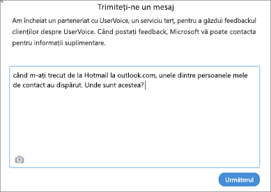 Un exemplu cu ceea ce puteți scrie pentru a ne anunța că lipsesc persoanele de contact.