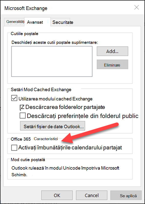Puteți activa îmbunătățirile calendarului partajat cu o casetă de selectare.
