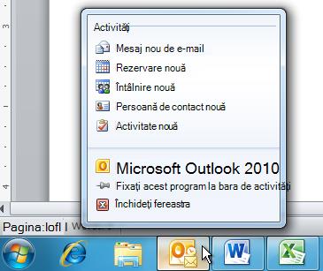 Outlook 2010 Jump List on the Windows 7 taskbar