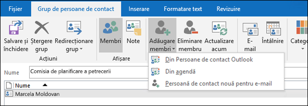 Selectați Adăugare membri pentru a-i adăuga la grupul de persoane de contact.