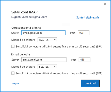 Verificați setările Gmail IMAP.