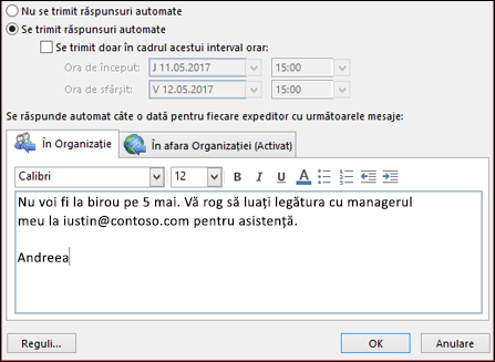 Introducerea mesajului de răspuns automat