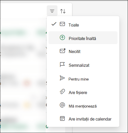 Meniul de filtrare a mesajelor din Outlook care arată că Prioritate înaltă este o opțiune.