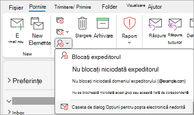 Captură de ecran afișând lista verticală Blocare expeditor, cu Opțiuni de e-mail nedorit selectate