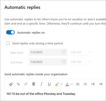 Utilizați comutatorul Răspunsuri automate activate pentru a activa răspunsurile automate. Bifați caseta de selectare Trimiteți răspunsuri numai într-un anumit interval de timp pentru a opri trimiterea răspunsurilor automate la o anumită dată.