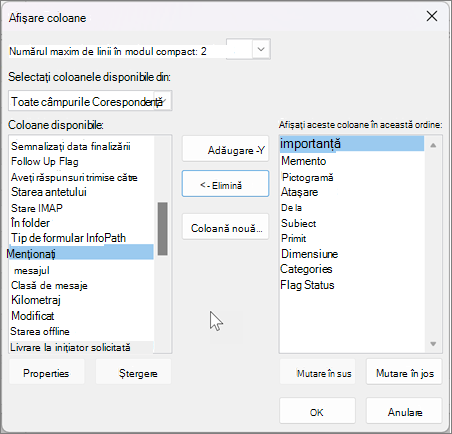 Vizualizarea setărilor pentru coloane în Outlook