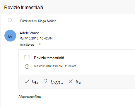 Captură de ecran a unei invitații la întâlnire trimise unui delegat