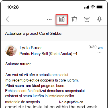 Pictograma Rezumat Copilot pentru a rezuma firul de e-mail în iOS și Android.