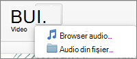 Inserarea meniului audio cu opțiuni audio din fișier și browser audio
